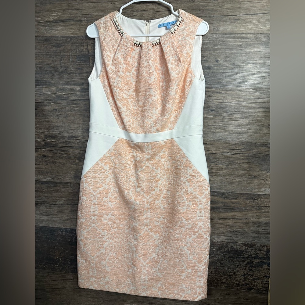 ANTONIO MELANI Peach and Cream Sleeveless Sheath Dress with Embellished Neckline